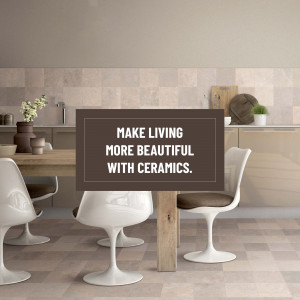 Modern kitchen with ceramic tiles and dining area