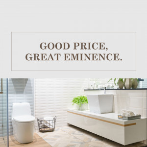 A stylish and modern bathroom with white fixtures and light wood accents.