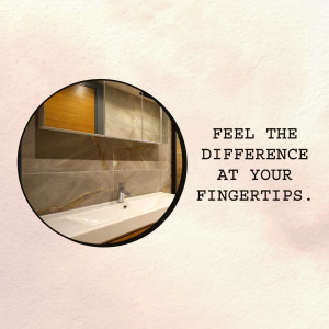 Close-up of a modern bathroom sink and cabinet with text overlay