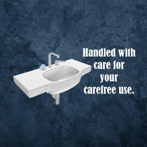 White bathroom sink with faucet and text 'Handled with care for your carefree use.'
