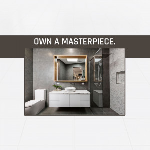 Elegant bathroom with a modern vanity, shower, and mirror.