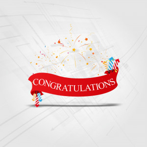 Red ribbon banner with the word 'Congratulations' and celebratory fireworks