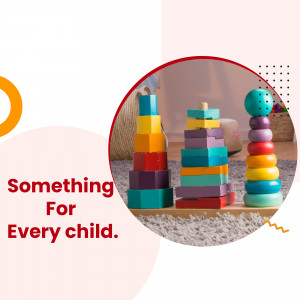 A collection of colorful wooden stacking toys arranged in a playful setting.