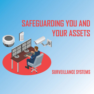 Illustration of security surveillance systems with a security guard monitoring screens.