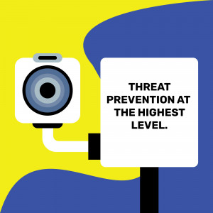 Illustration of a security camera with a sign reading 'Threat Prevention at the Highest Level'.