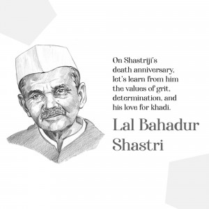 Black and white sketch of Lal Bahadur Shastri with text commemorating his death anniversary.