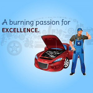 Mechanic with a red car and tools, promoting auto repair services.