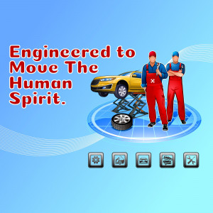 Two mechanics standing in front of a car on a lift with the tagline 'Engineered to Move The Human Spirit'.