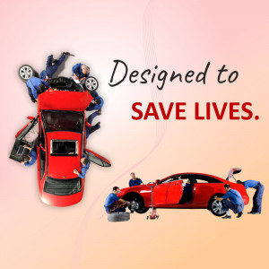 Mechanics inspecting and repairing a red car, emphasizing safety.