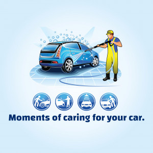 A man washing a blue car with a high-pressure water jet.