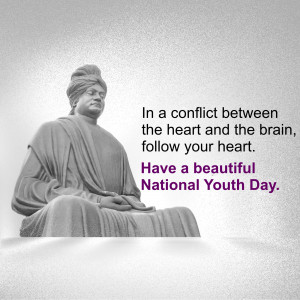 Black and white statue of Swami Vivekananda with a motivational quote and National Youth Day message.