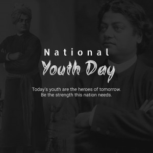 Black and white image commemorating National Youth Day with a portrait of Swami Vivekananda.
