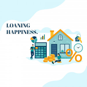 Illustration depicting home loan concepts with a house, charts, and people.