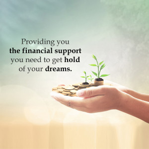 Hands holding coins with a growing plant, symbolizing financial support and achieving dreams.