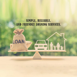 A scale balancing a bag of money labeled 'LOAN' with icons representing a house and a car, symbolizing financial stability.