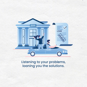 Illustration of a couple driving a car with a bank building and a loan document in the background.