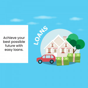 Illustration depicting a house, money, and a car with the text 'Loans' and 'Achieve your best possible future with easy loans'.