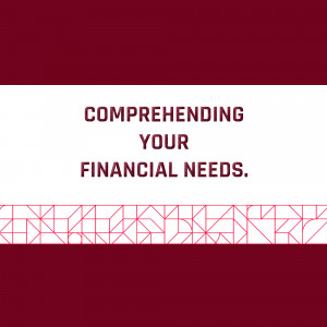 Text graphic stating 'Comprehending Your Financial Needs' on a maroon and white background.