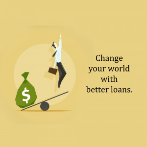 Illustration of a man balancing on a seesaw with a bag of money, representing financial stability through loans.