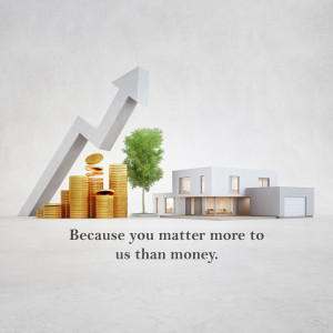 Image depicting financial growth represented by stacked coins and an upward arrow, alongside a house and a small tree.