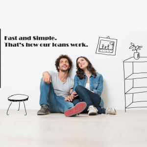 Young couple sitting on the floor looking upwards with loan related doodles