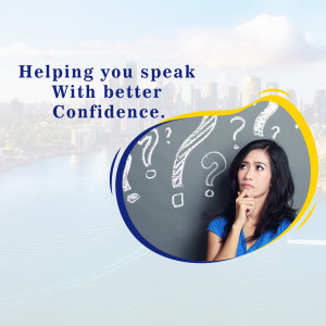Woman thinking with question marks and a city background, promoting language learning or communication skills.