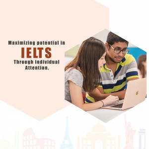 Two students studying for IELTS exam with a laptop, with landmarks in the background.