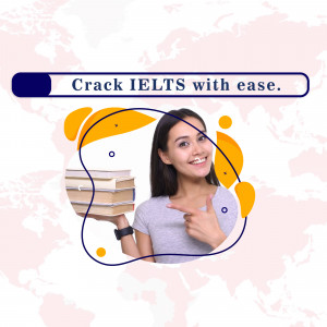 Young woman smiling and pointing at a stack of books with the text 'Crack IELTS with ease.'