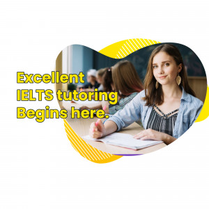 Woman studying with IELTS tutoring text overlay