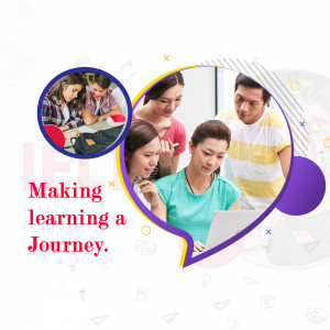 Diverse group of people engaged in learning activities, including children with tablets and adults using laptops.