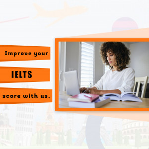 Woman studying with laptop and books for IELTS exam