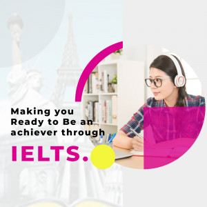 A woman studying for the IELTS exam with landmarks in the background.