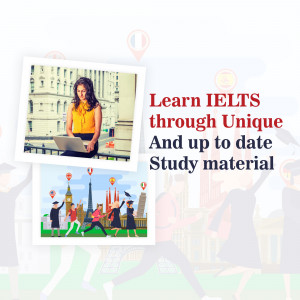 Image promoting IELTS learning resources with a woman using a laptop and London landmarks.