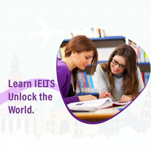Two female students studying together in a library with IELTS promotional text.