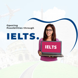 A woman holding a laptop displaying 'IELTS' with landmarks in the background.
