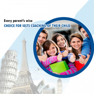 Group of students celebrating with landmarks in the background, promoting IELTS coaching.