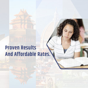 A student studying with a background of a pagoda, promoting study abroad programs.