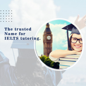 Image of a student with graduation cap and books in front of Big Ben, promoting IELTS tutoring.