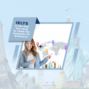 Image depicting a woman pointing at a world map with landmarks, promoting IELTS exam preparation.