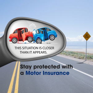 Image depicting a car crash reflected in a side mirror with a message about motor insurance.