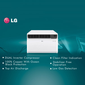 LG window air conditioner with key features listed below
