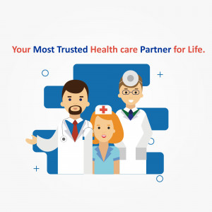 Illustration of a doctor, nurse, and healthcare worker with the text 'Your Most Trusted Health care Partner for Life.'