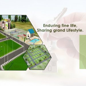 Real estate advertisement featuring a house design, a key, and a property layout.