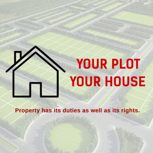 Illustration of a house on a plot of land with text promoting property ownership.