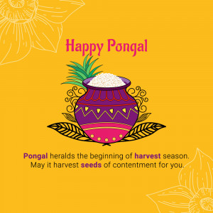 Illustration of a traditional Pongal pot with pineapple and flowers on a yellow background