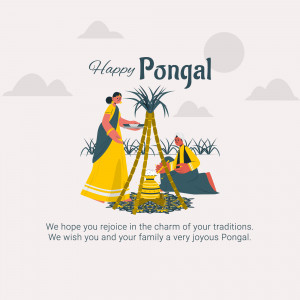Illustration of a Pongal celebration with a woman and child performing a traditional ritual.