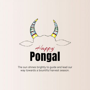Happy Pongal illustration with cow horns and festive text