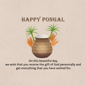 Pongal festival greeting with pot and sugarcane