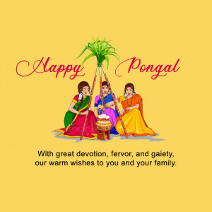 Illustration of women celebrating Pongal with a pot of Pongal and sugarcane.