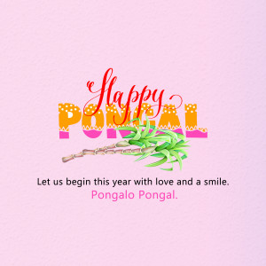 Happy Pongal greeting with sugarcane and festive text